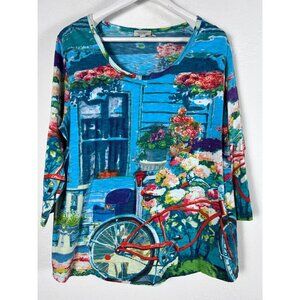 Orientique Womens Scenic Floral & Bicycle Print Tunic Top 1X Cotton 3/4 Sleeve